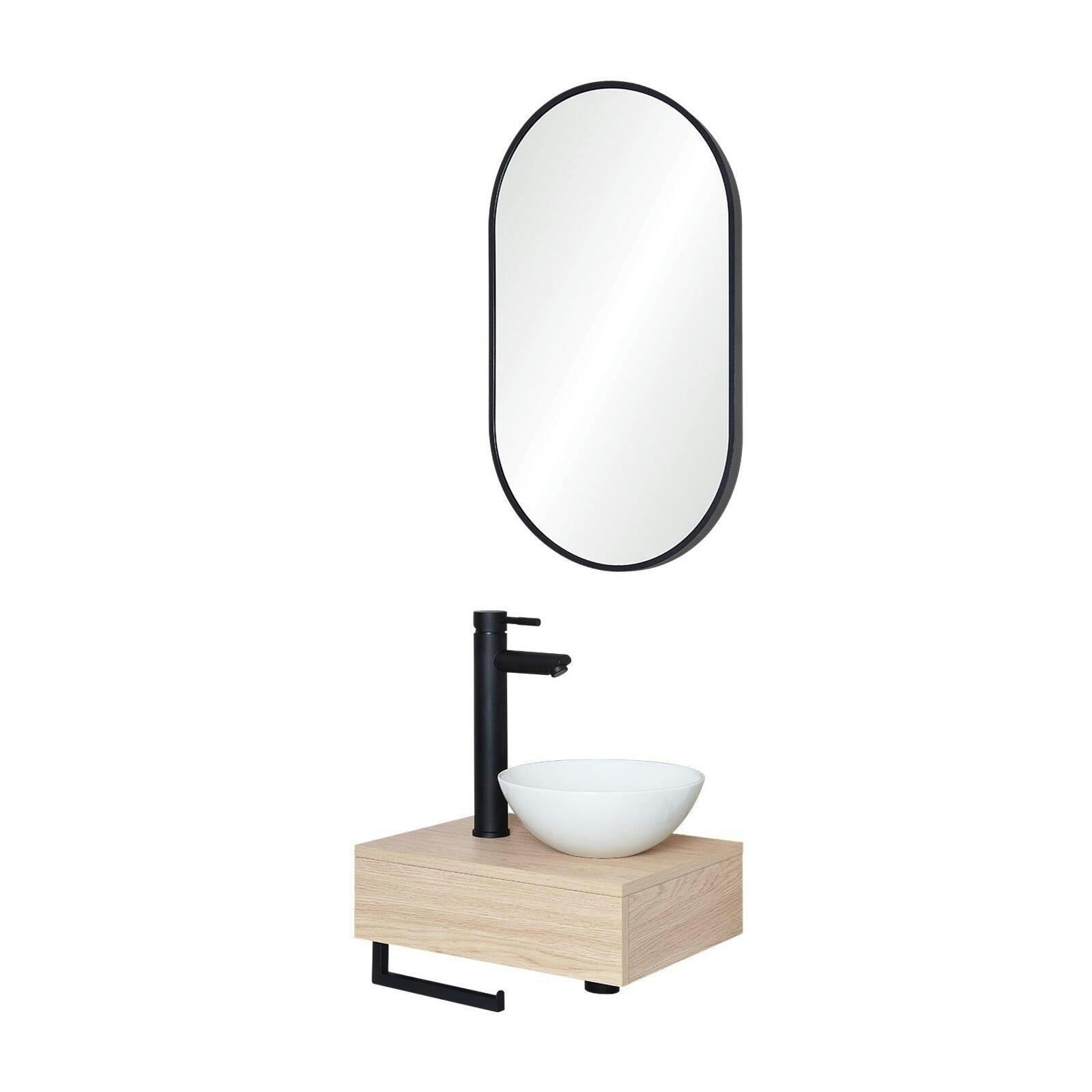 SOHO - Meuble lave-mains  plan épais vasque blanche + robinet + miroir