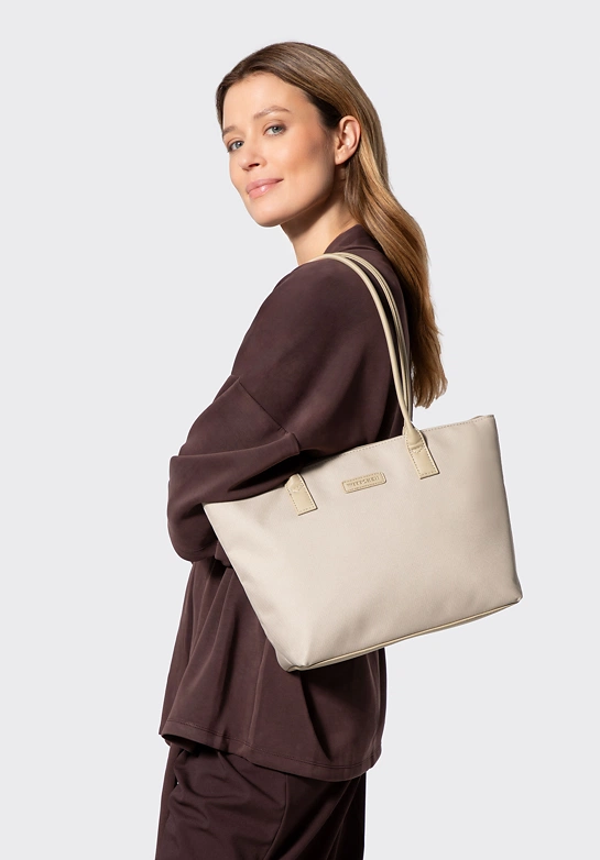 Torebka damska shopper na ramię z zamkiem kremowa