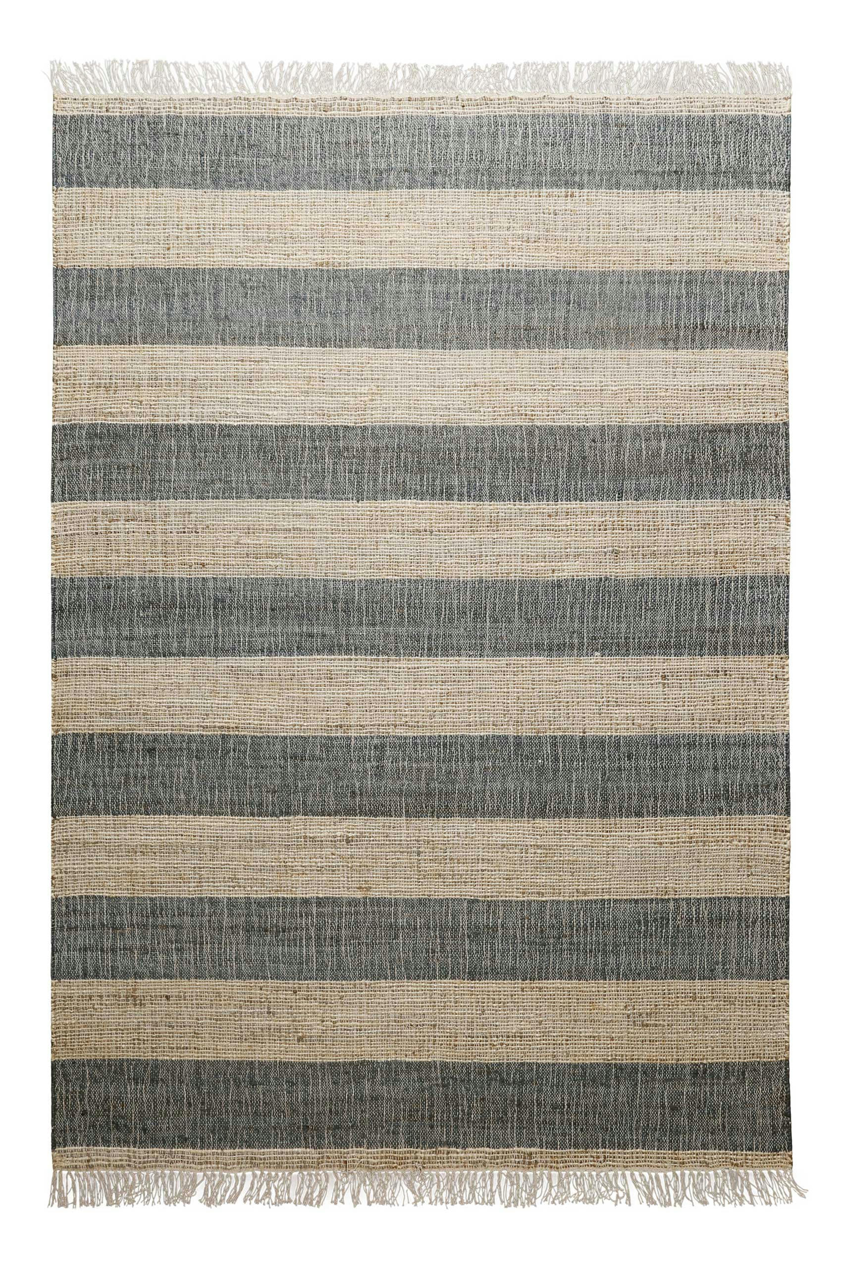 VIRGIL - Tapis plat tissé main à franges rayé anthracite et beige 130x190