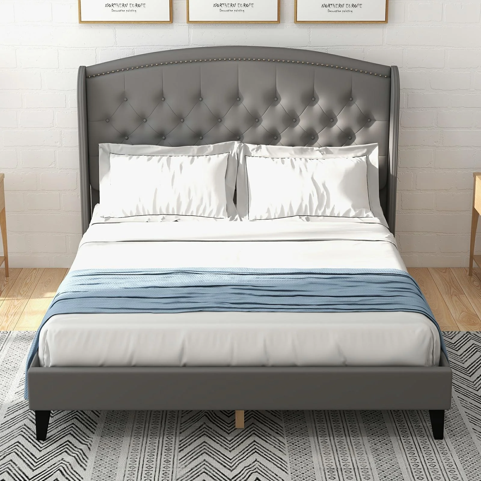 Upholsted Bed Frame with Wingback Headboard, Queen Size