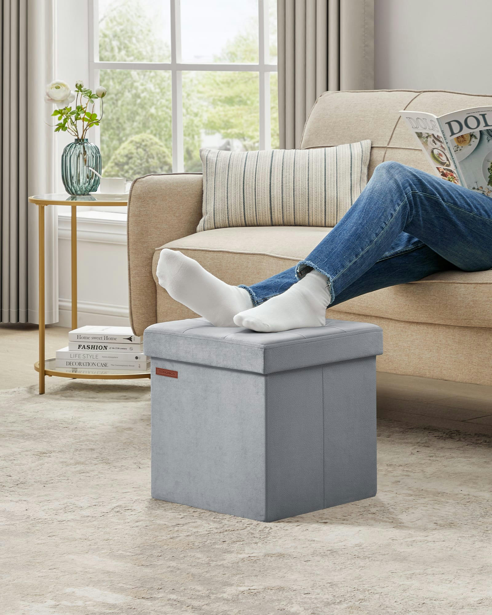 - Banc de rangement mdf velours 38 x 38 x 38 cm gris tourterelle