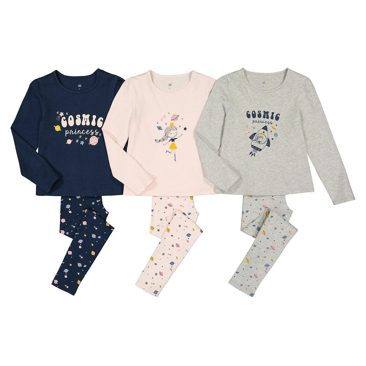 Lot de 3 pyjamas en coton imprimés planète
