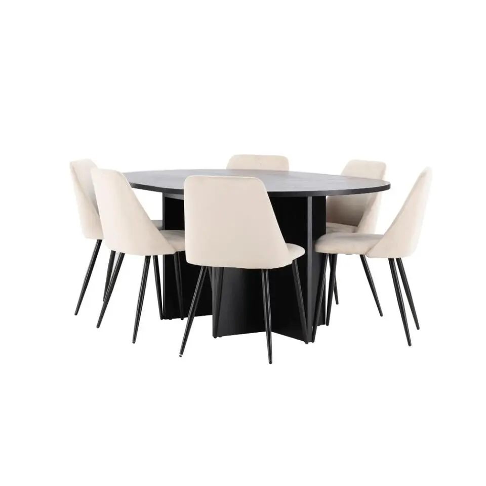 Hioshop Strada eethoek uittrekbare tafel &Oslash;120cm- 170cm en 6 stoelen zwart-