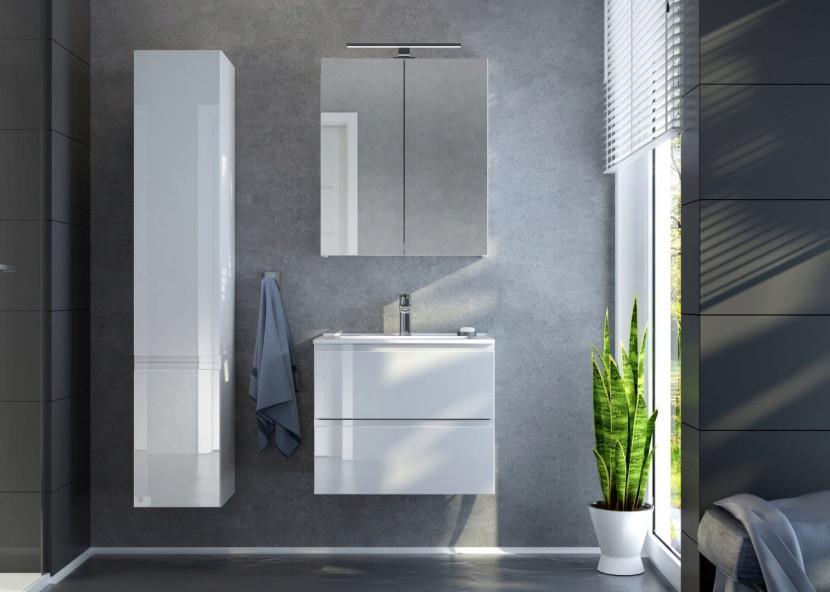 Szafka Łazienkowa Biała Wisząca 60 cm z Umywalką Połysk Szuflady Soft Close