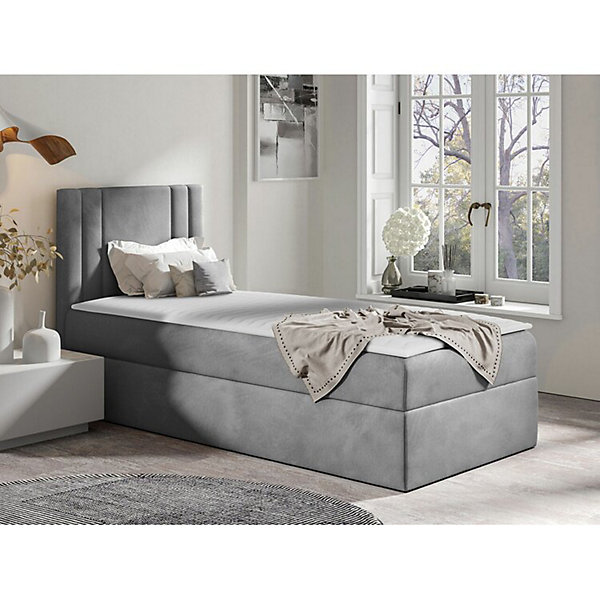 Lit continental Baltimore 179, Unique, Gris, Tissu, Disponible