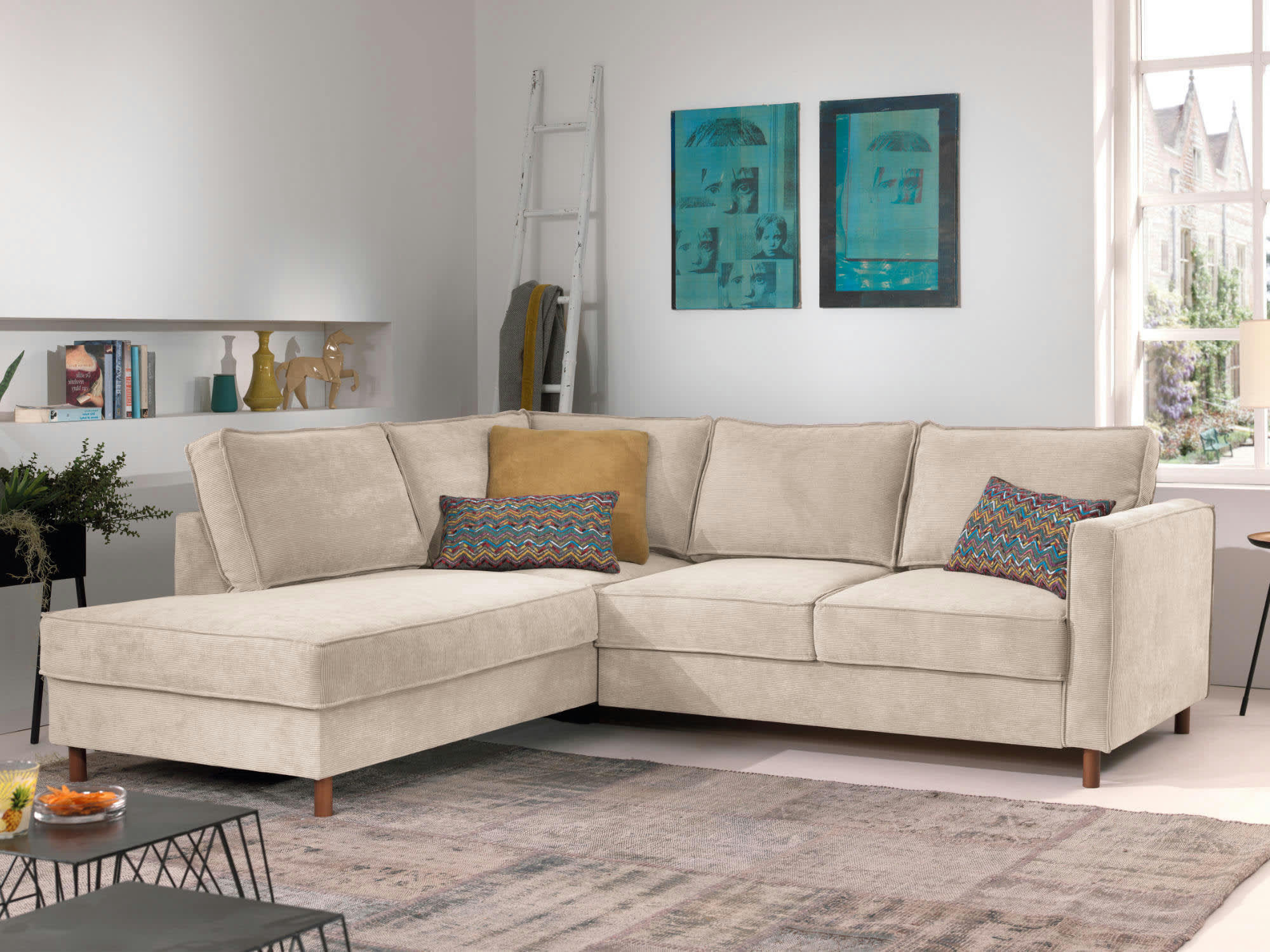 JAKE - Canapé d'angle gauche convertible 5 places en velours côtelé beige