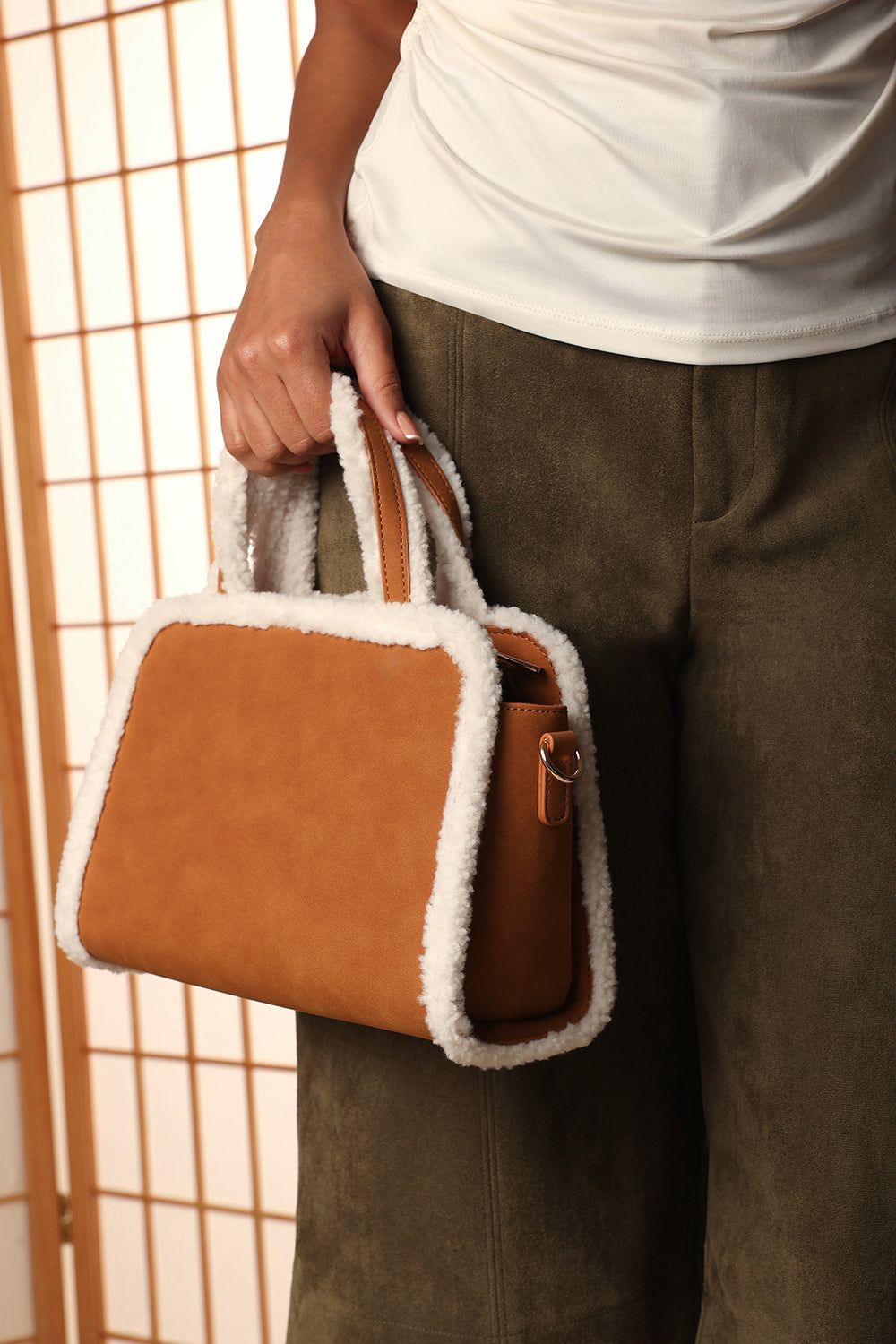 Where's That From Kismet' Borg Trim Tote Bag with Cross Body Strap