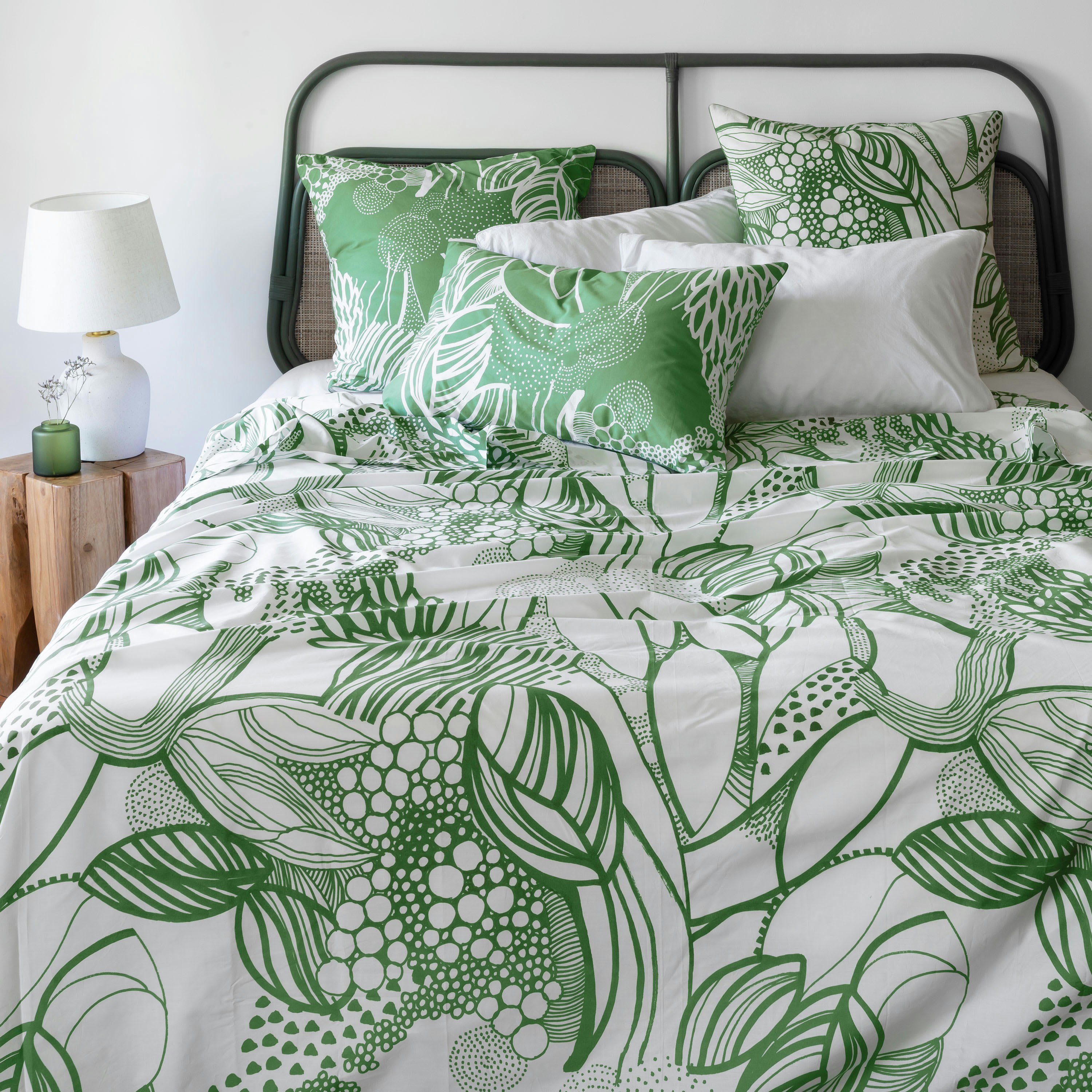 CANOPEE - Drap de lit percale de coton bio imprimé vert 240 x 300 cm