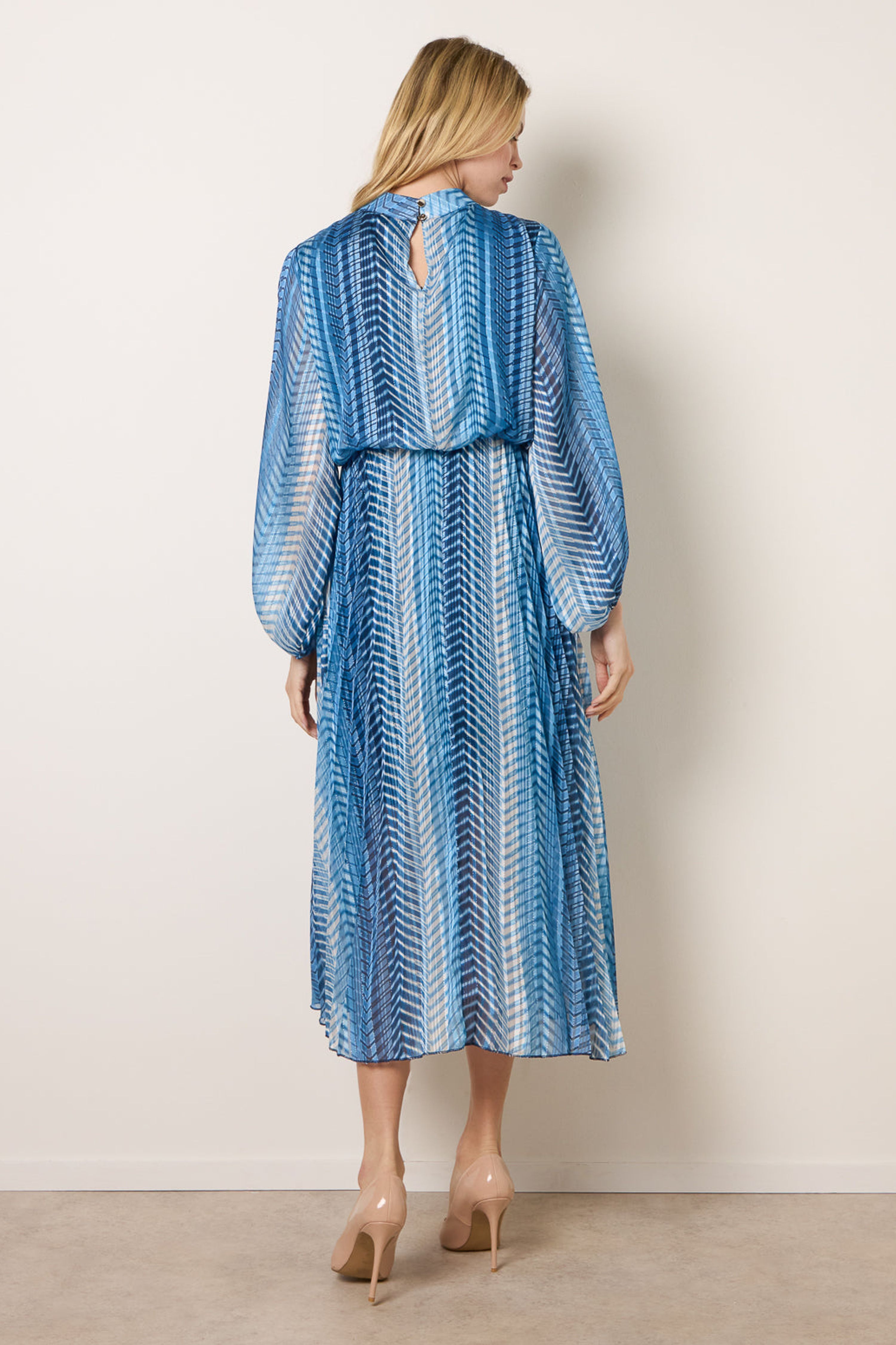 Blue Vanilla Blue Zig Zag Metallic High Neck Puffball Pleated Dress