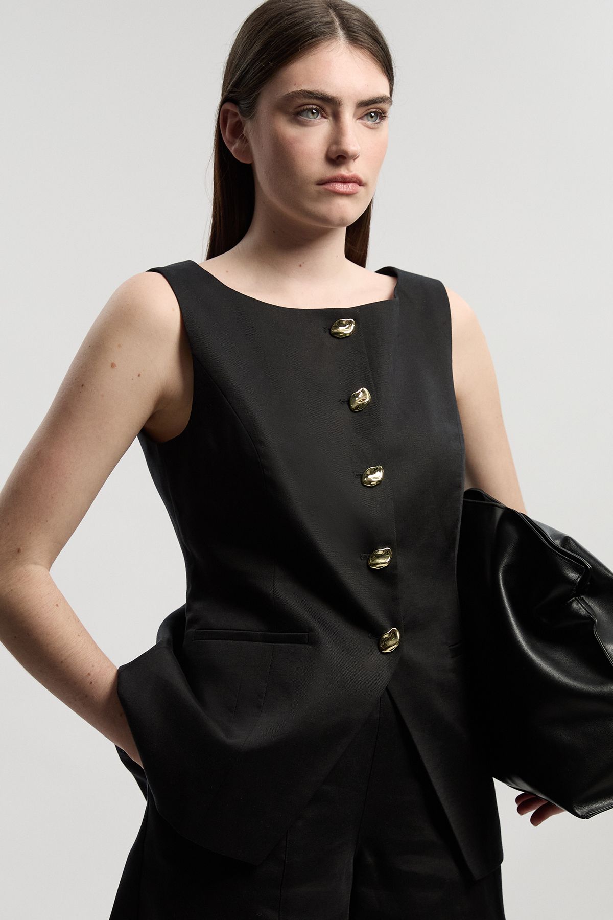KarenMillen Tailored Linen Statement Button Front Waistcoat