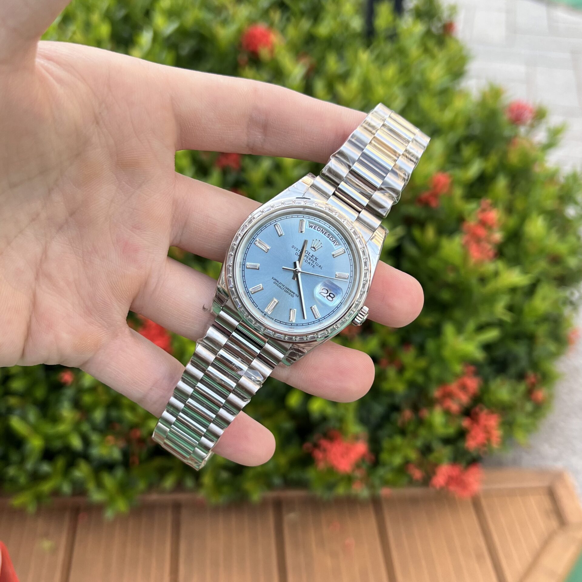 Rolex Day-Date 316L Steel Ice Blue Dial CZ Diamonds 40mm GSF Replica