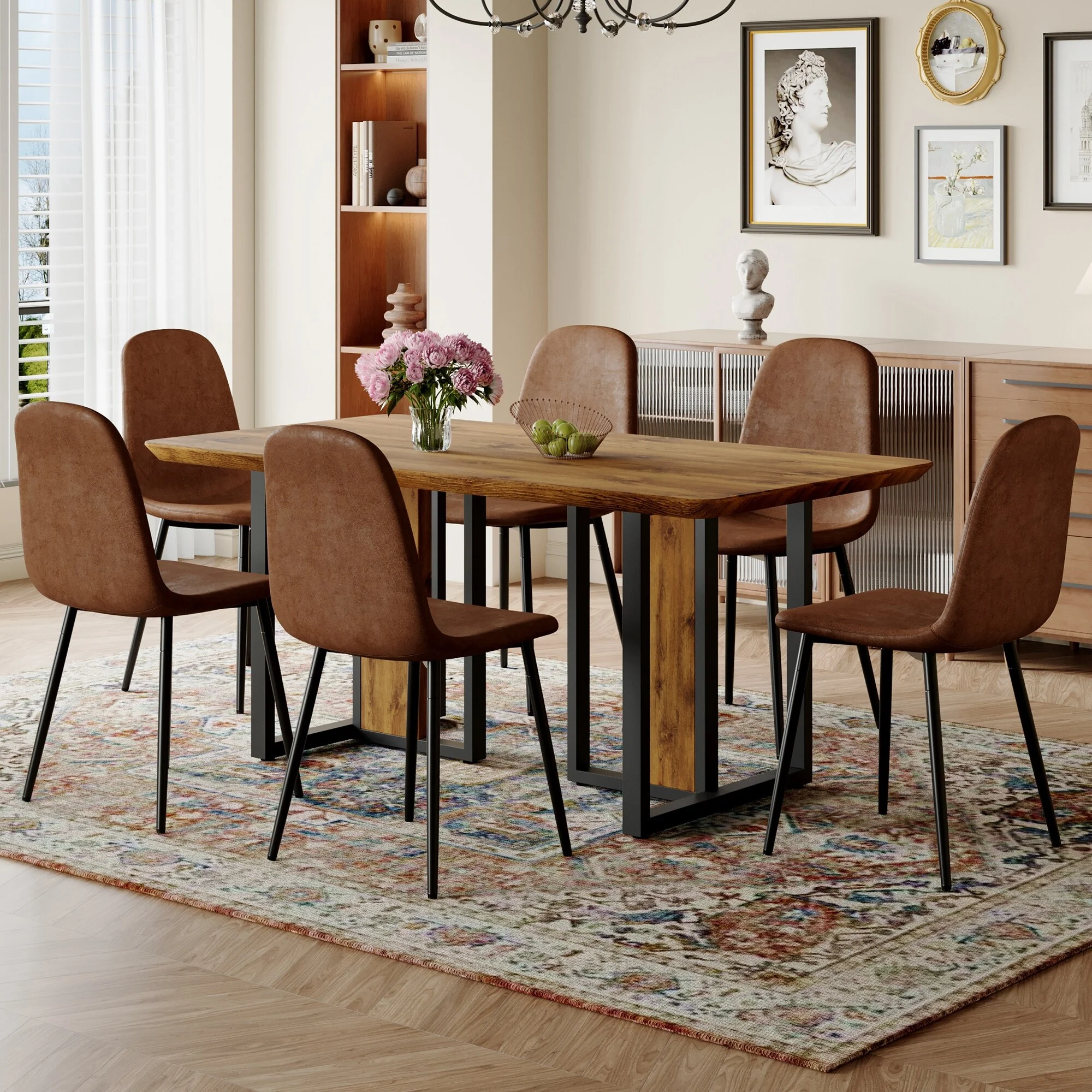 Modern Wood Textured Dining Table Set with Metal Frame and Suede-like Velvet Upholstered Chairs