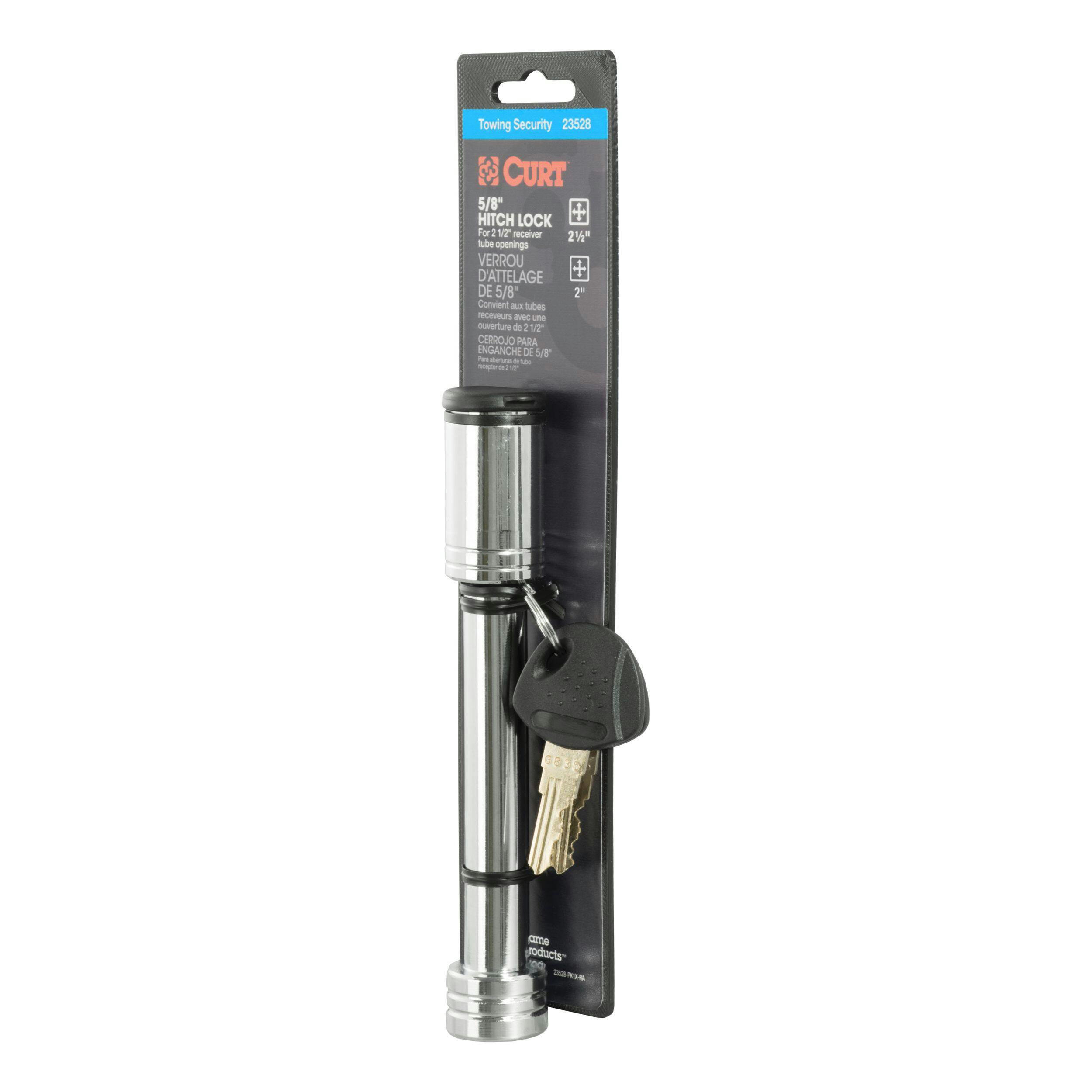 CURT 23528 5/8-in Hitch Lock, 2-in or 2-1/2-in Receiver, Barbell, Chrome