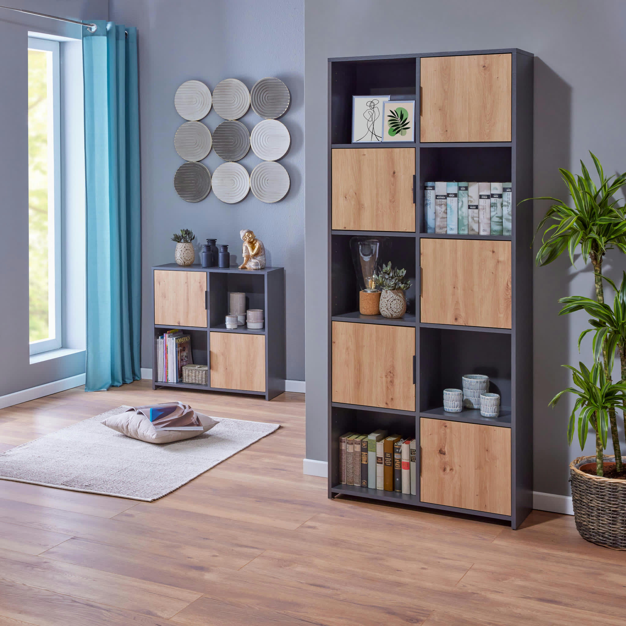 - Etagère 10 cases en bois avec 5 portes battantes anthracite