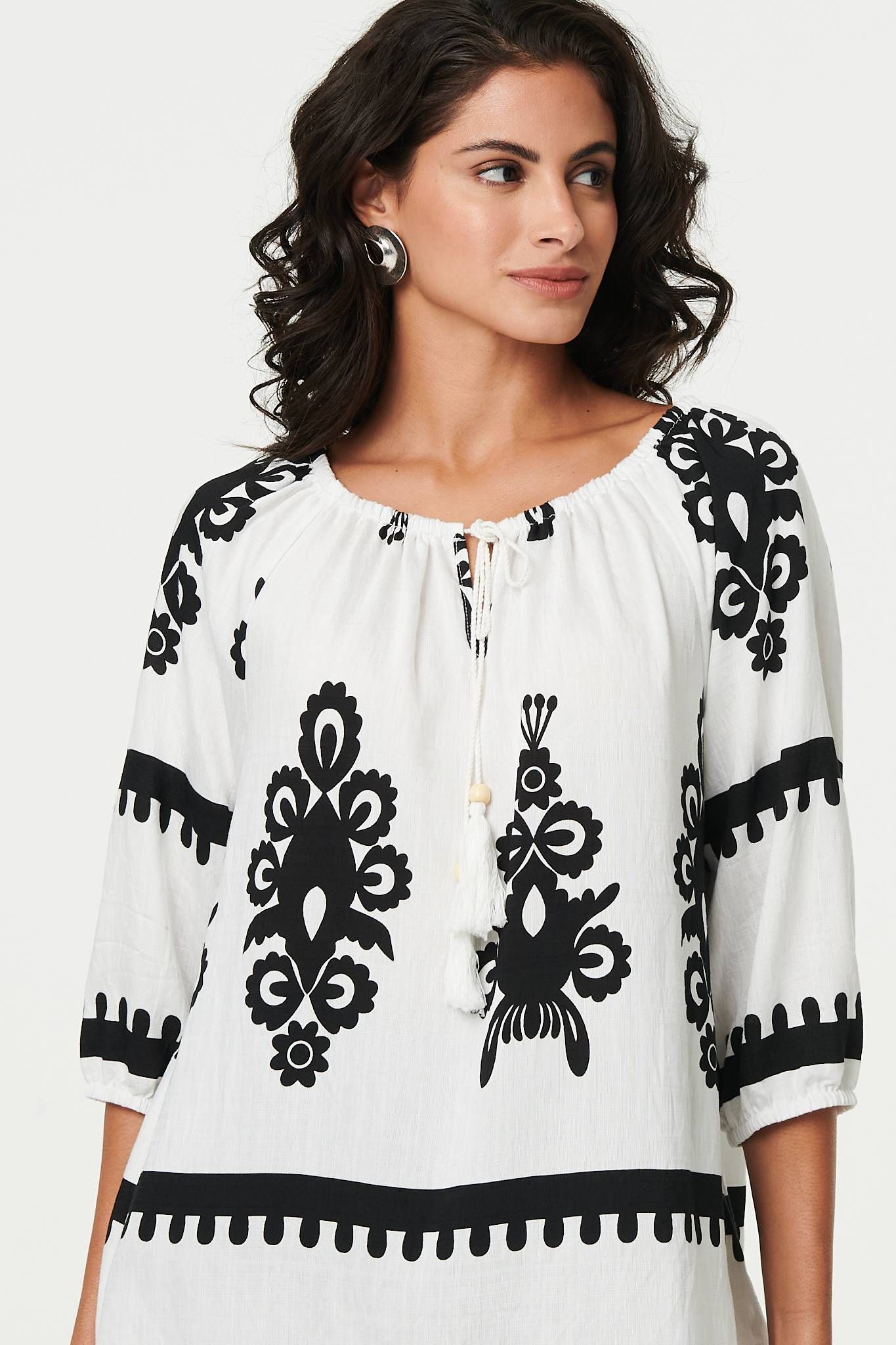 Izabel London Ikat Print Tassel Tie Neck Blouse