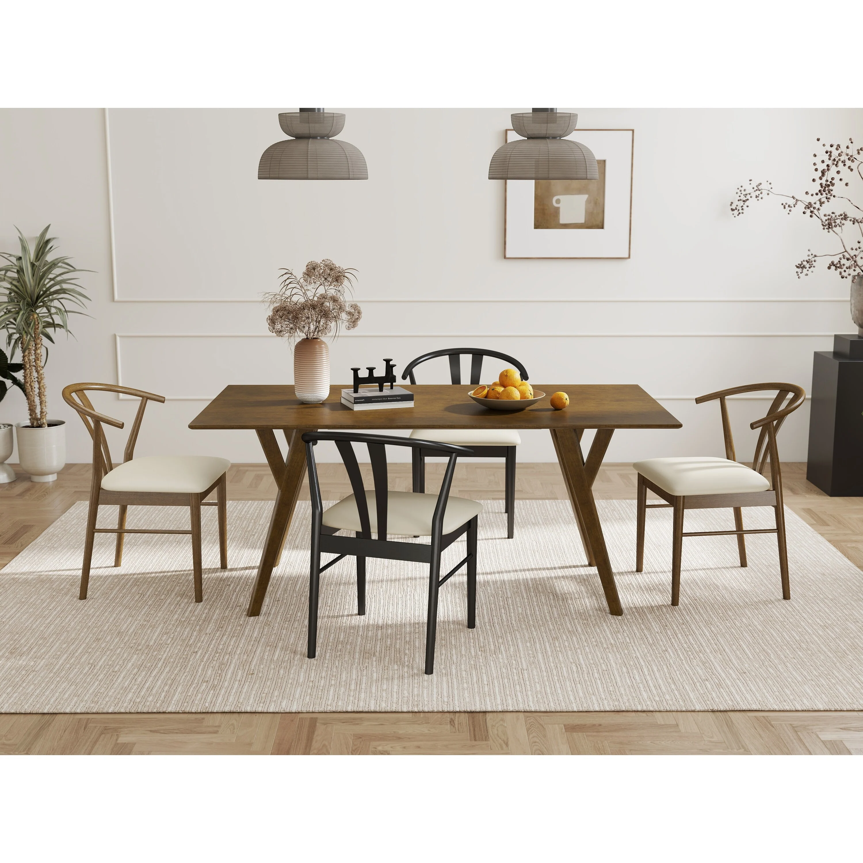 Roundhill Furniture Lavin Modern 5-Piece Dining Set, Dining Table with 2 Walnut and 2 Black Curved Back Chairs