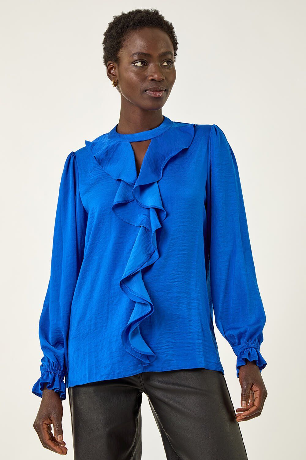 Roman Ruffle Front Keyhole Satin Top