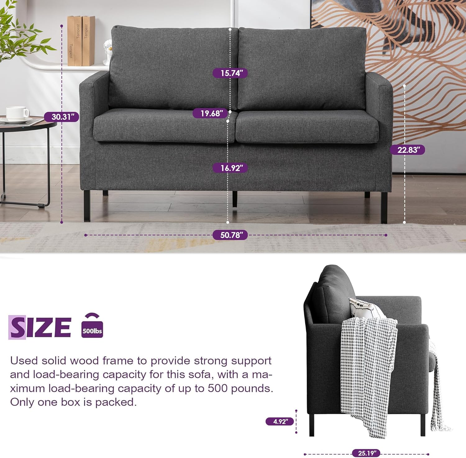 TYBOATLE Linen Fabric Modern Small Loveseat Sofa Couch for Living Room, 51 W Little Upholstered 2-Seater Mini Love Seats w/Iron Legs for Small Space, Apartment, Bedroom, Dorm, Office (Dark Grey)