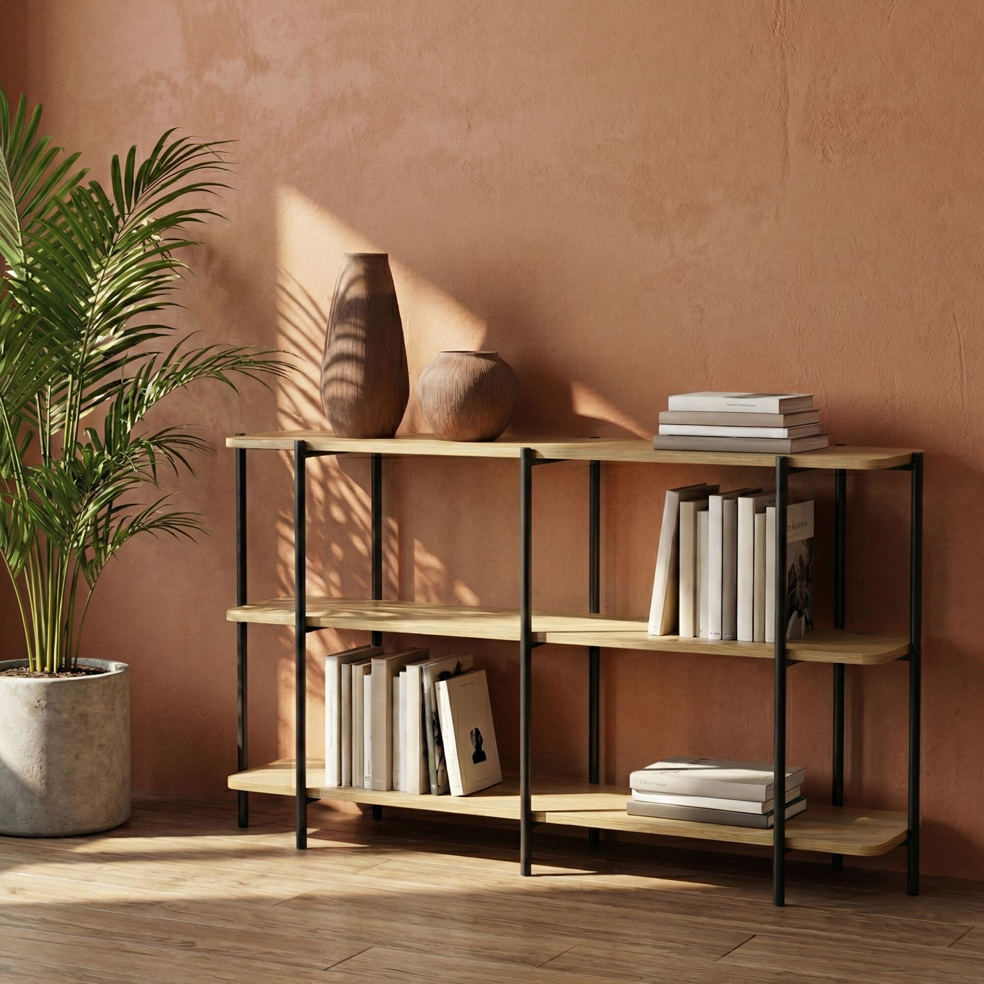 IZZY - Bibliothèque en bois et fer noir l120cm - bois clair