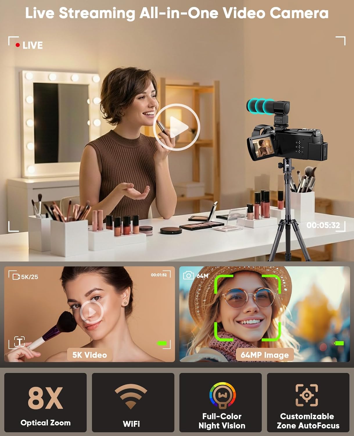 5K Video Camera Camcorder 8X Opitical Zoom Live Streaming Cameras 64MP WiFi Autofocus Vlogging Camera for Youtube with Full-color Night Vision  3.6'' 270° IPS Touchscreen 32GB Card Video Recorder