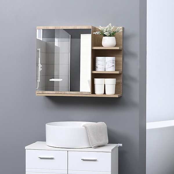 Armoire miroir murale de salle de bain avec étagère - 3 étagères latérales, kit installation - aspect chêne clair