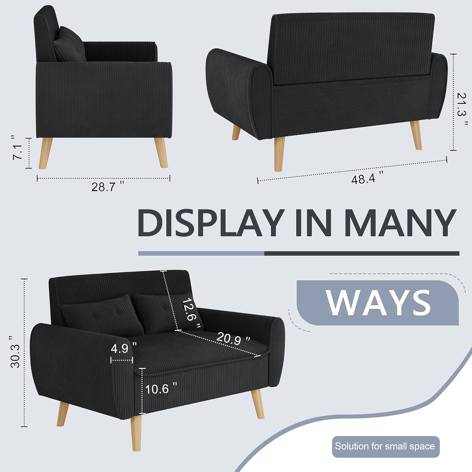 Shintenchi Small Modern Loveseat Couch Sofa, Mid Century Fabric Upholstered 2-Seat Sofa Couch Love Seats Furniture for Small Space,Living Room,Studio,Apartment with 2 Pillows,Black