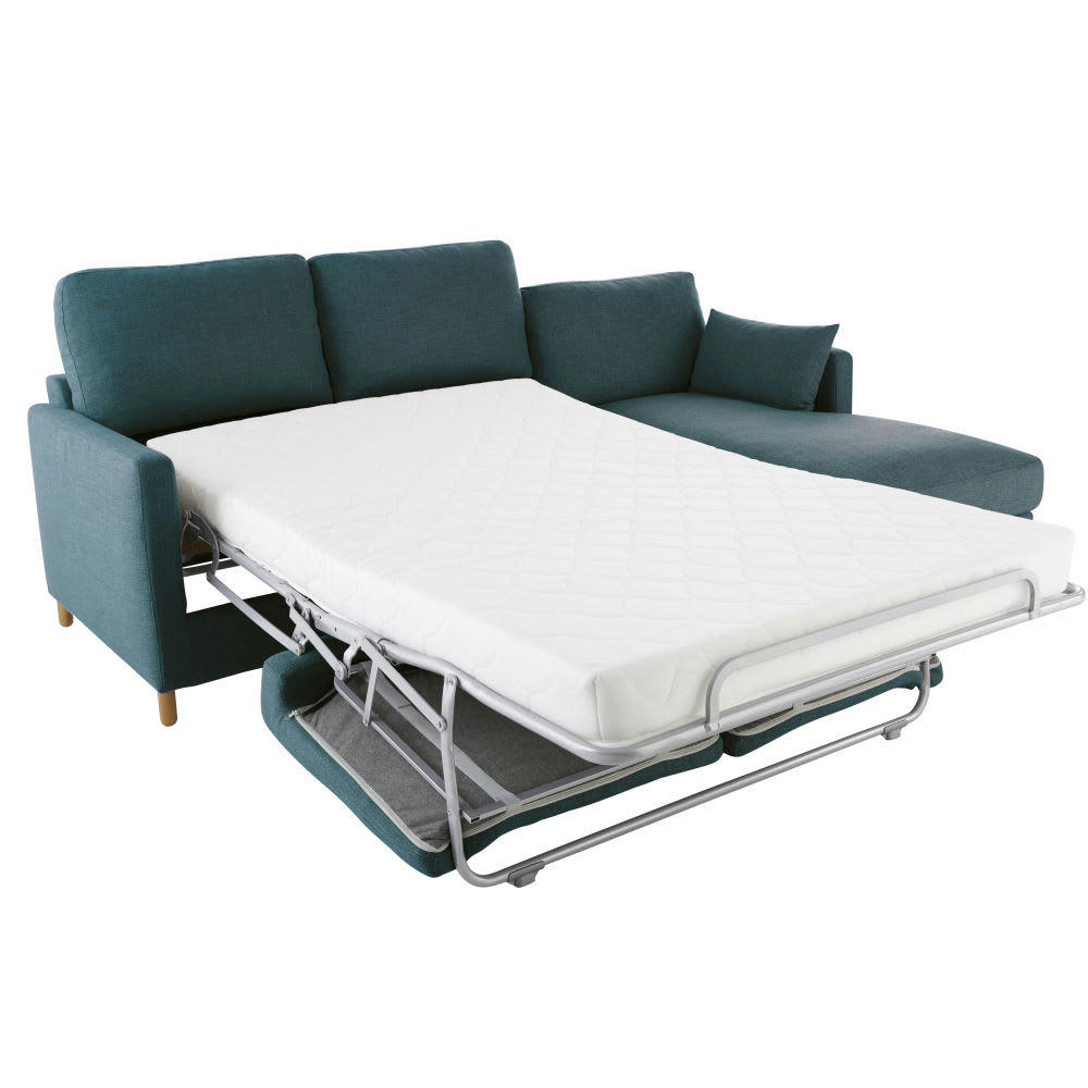 Julian - Canapé d'angle droit convertible 5 places bleu pétrole, matelas 14 cm