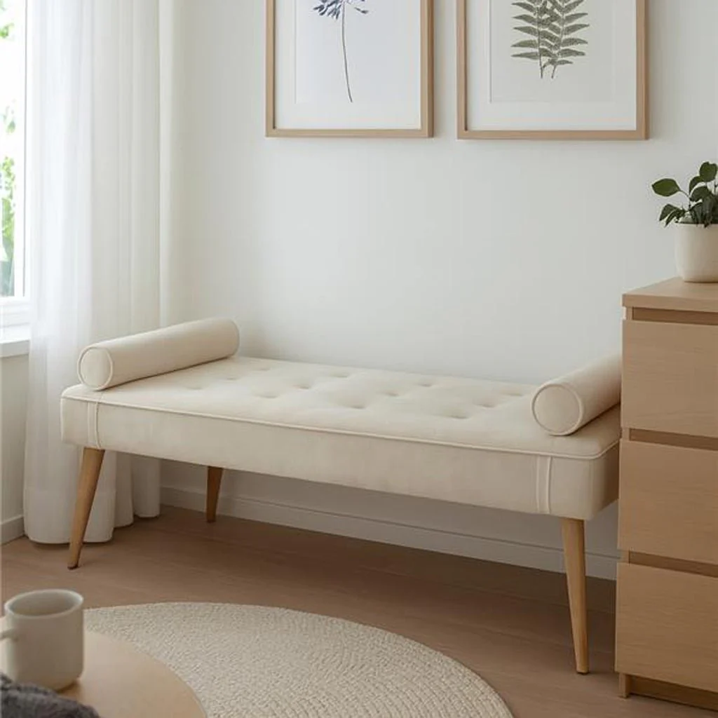 Banqueta Bege com Almofadas Cilíndricas SERENA