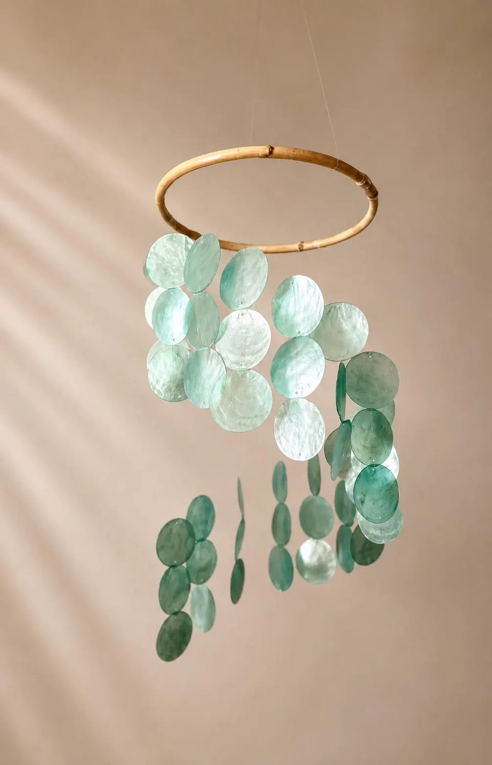 Mother-of-pearl wind chime in aqua green, mobile wall decoration