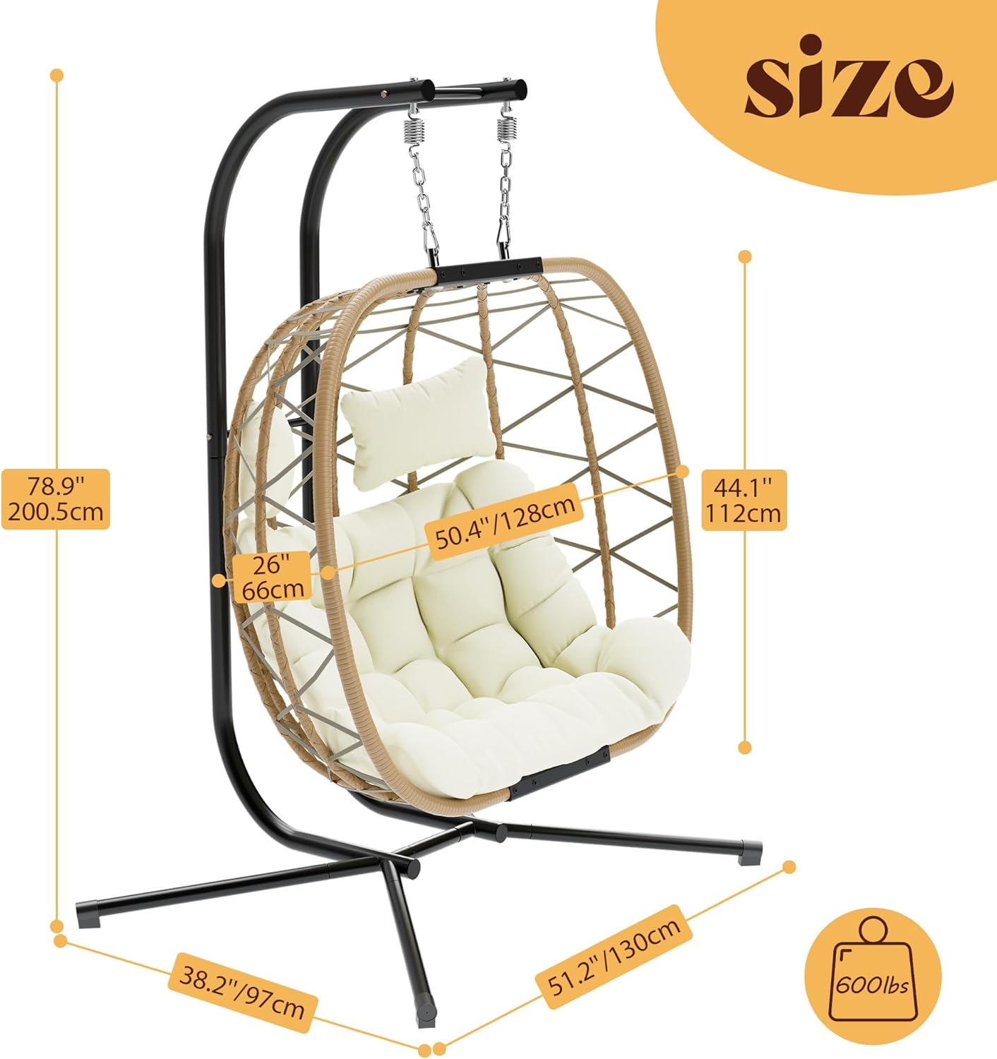 DoubleTT Double Swing Egg Chair with Stand  Oversized 2 Person Indoor Outdoor Wicker Patio Basket Hanging Chair with Beige Cushion 550 LBS Capacity for Bedroom Balcony