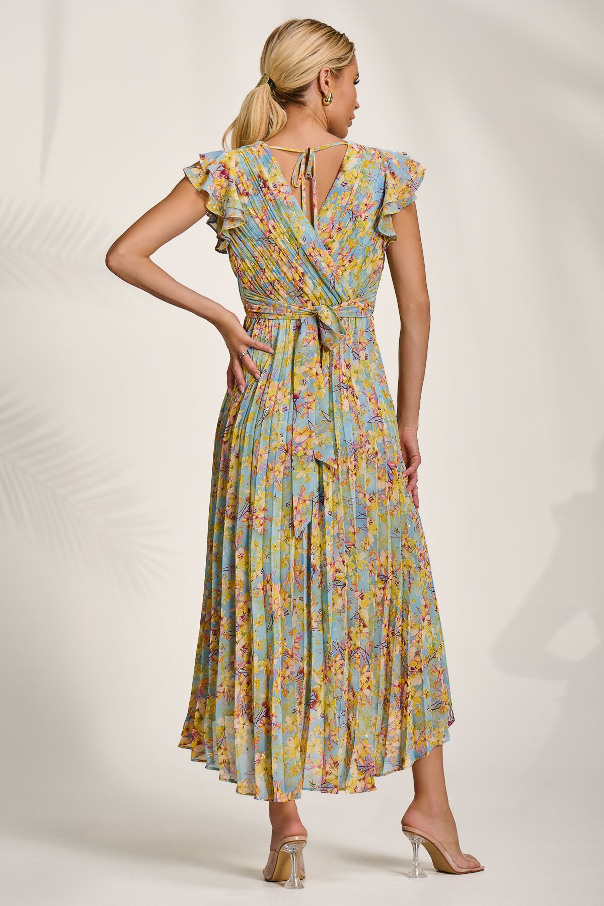 Jolie Moi Pleated Chiffon Dip Hem Maxi Dress