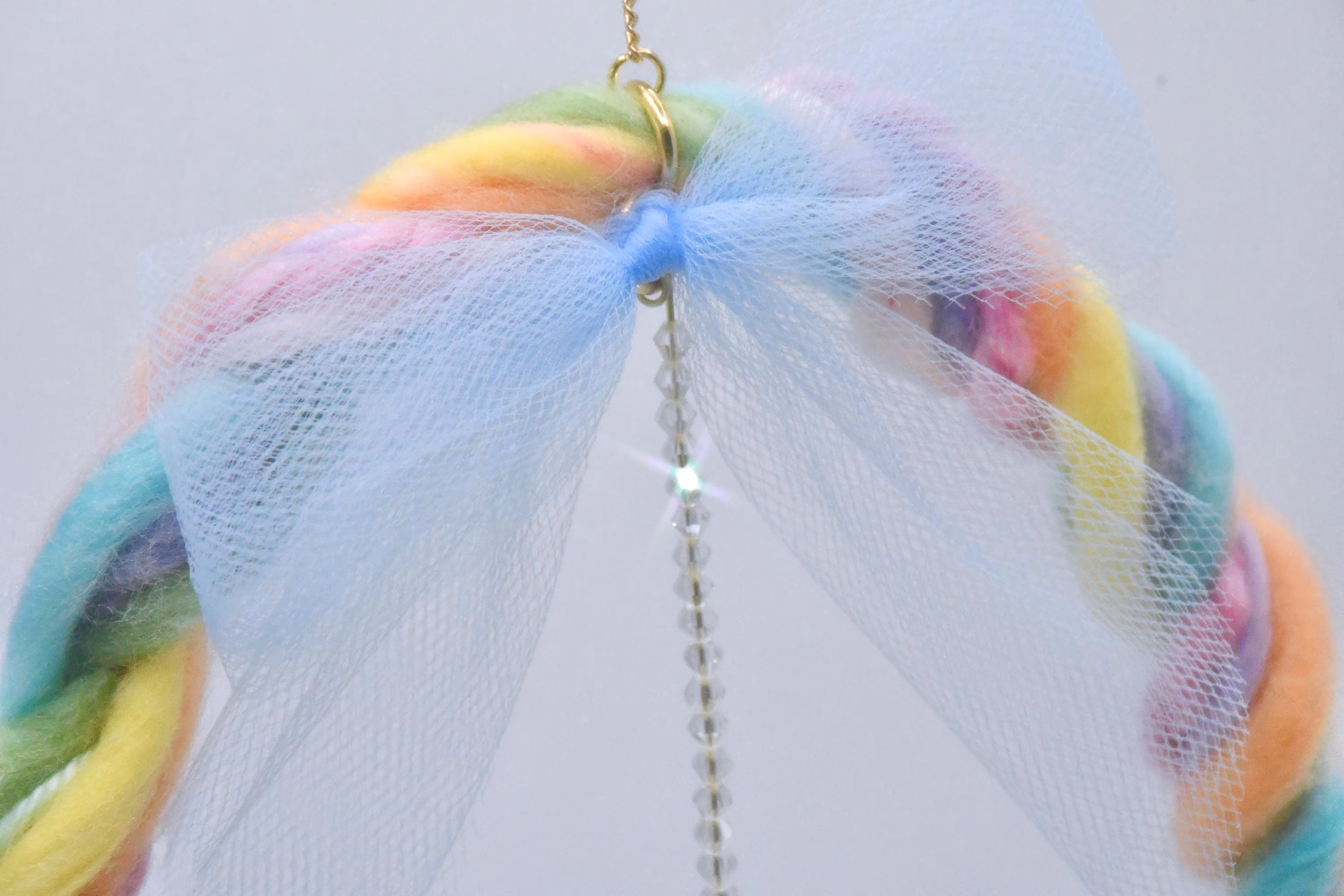 Handmade Ceramic Rainbow Suncatcher Mobile — Cloud Wall Hanging with Crystals, Beads & Fiber