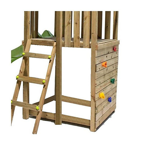 Aire de jeux Masgames TIBIDABO L toit en bois avec balançoire Escalade : avec bac à sable à la base et mur d'escalade
