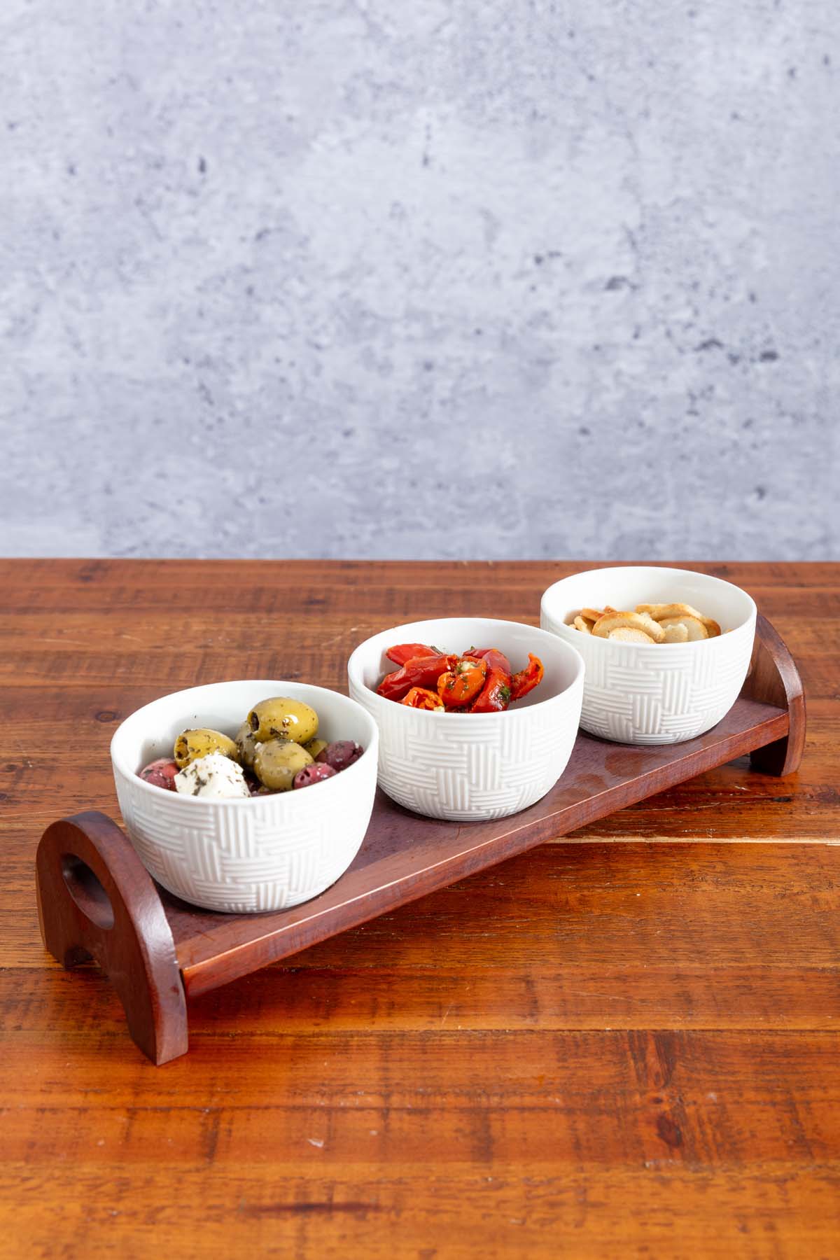 Cable Knit Triple Dish On Board With Acacia Wood Base