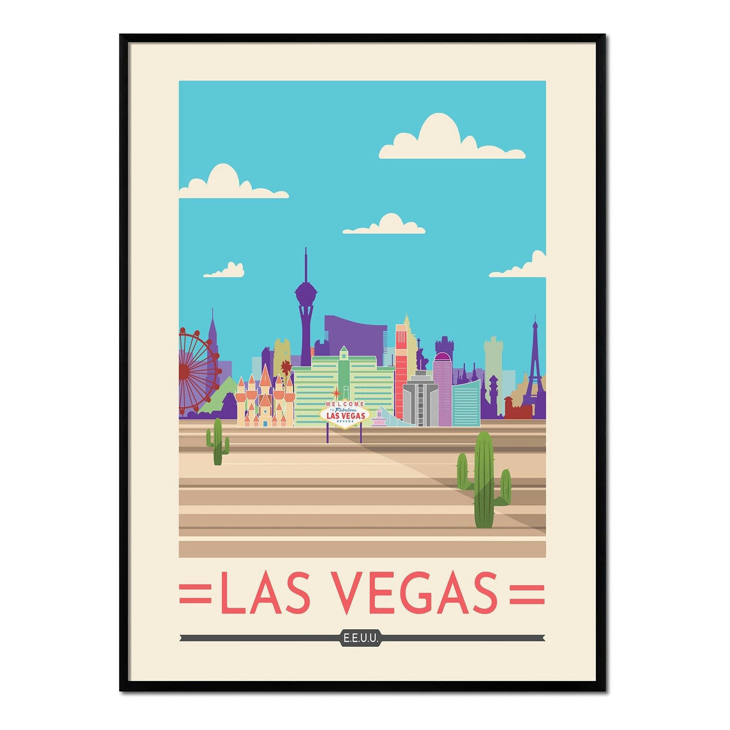 CIUDADES - Affiche avec cadre noir - Las Vegas - 30x40