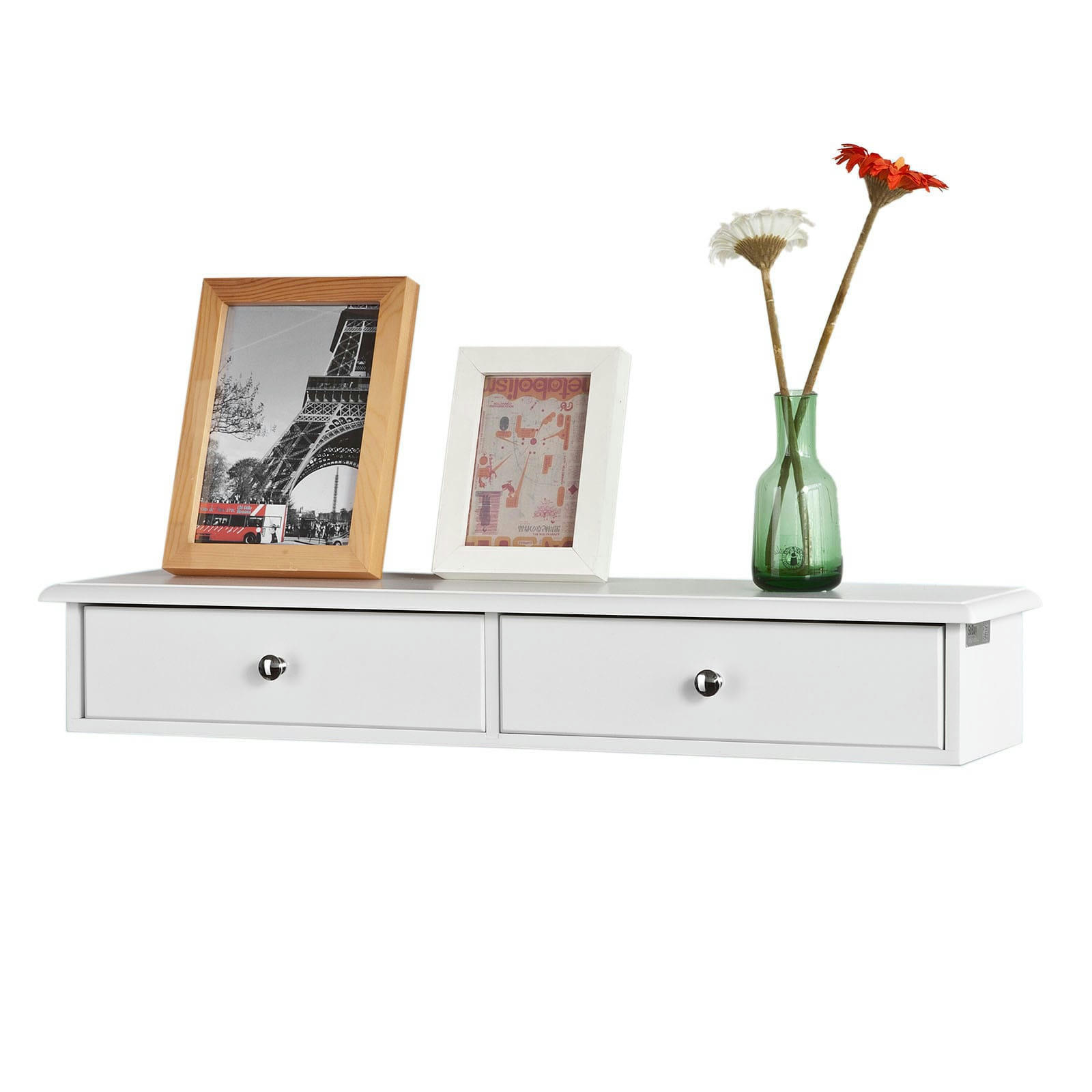 - Étagère murale effet bois blanc avec 2 tiroirs