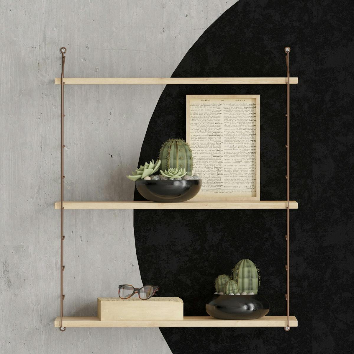 Étagère murale 3 plateaux décor bois et métal cuivré JENA