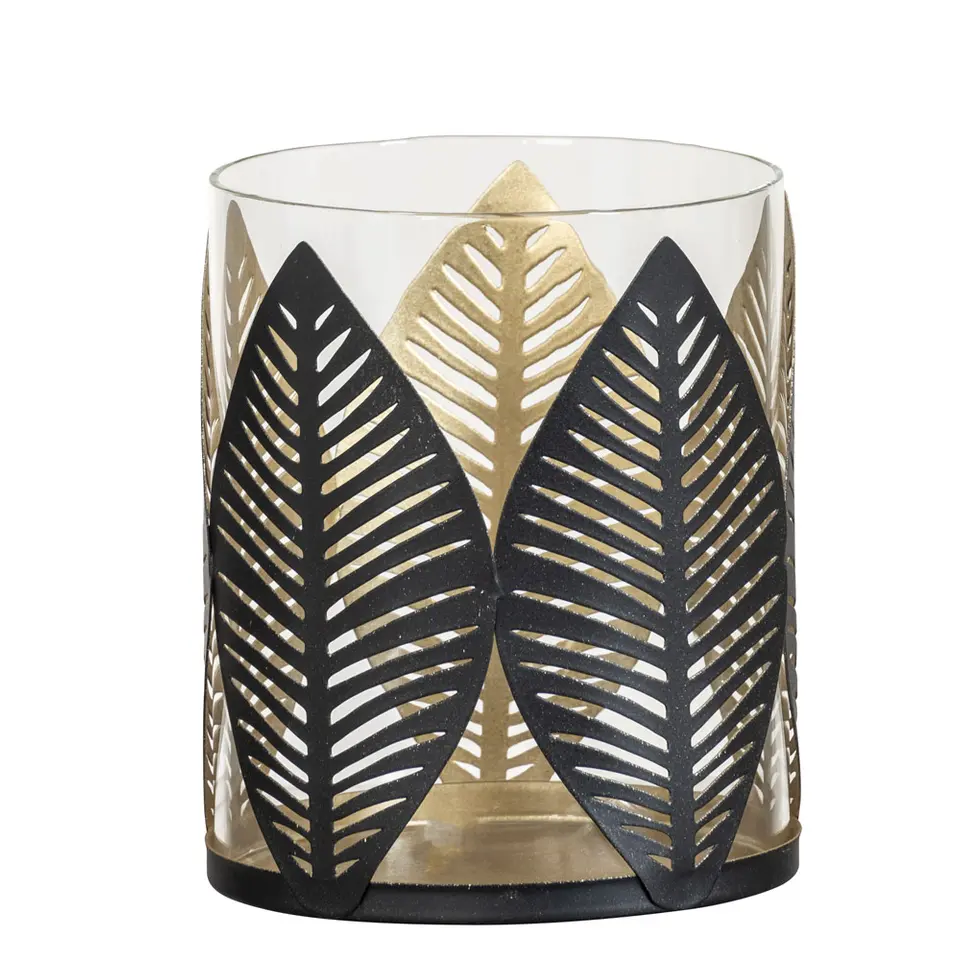 Waxinelichthouder Blad - zwart/goud - 12x&Oslash;10 cm