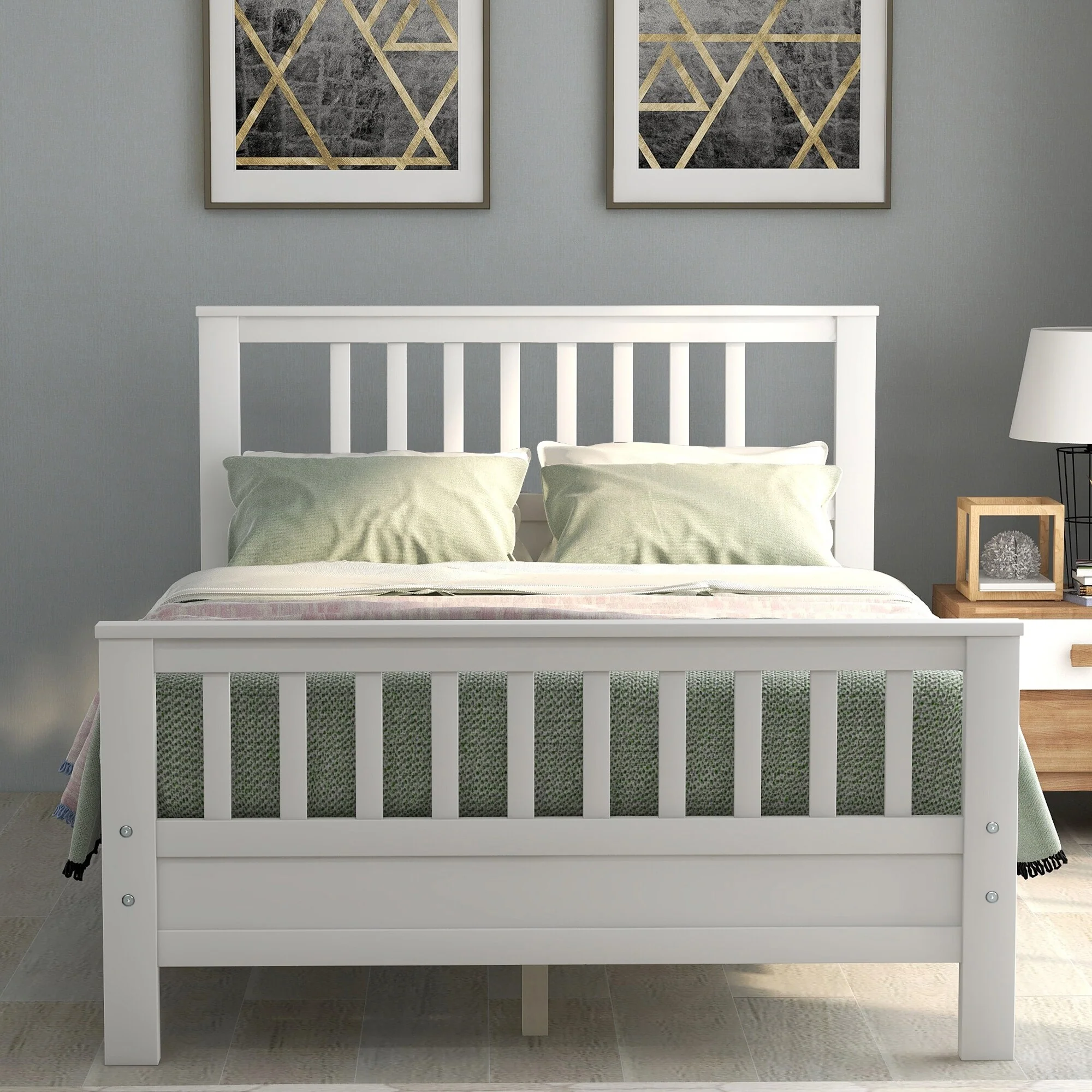 Full Size Wood Platform Bed with Paneled Headboard and Footboard, Sturdy Solid Wood Frame with Reinforced Slats