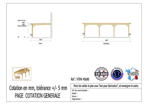 Carport adossé toit plat 400cmx800cm, bois DOUGLAS Français (Charpente en bois-auvent-abri voiture) 32 m². Garantie 10 ans