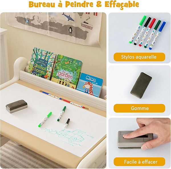 Ensemble Table et Chaise pour Enfants avec Plateau Effaçable Stylos Aquarelle et Gomme Ensemble de Table Activités Marron