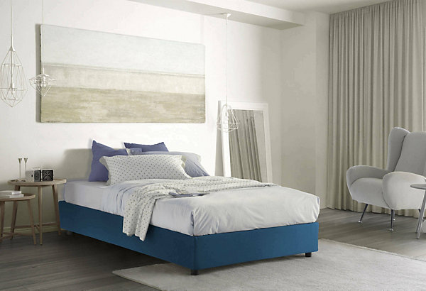 Lit double Deusep, Lit coffre avec revêtement en tissu, Ouverture frontale, avec matelas 160x200 cm inclus, Bleu