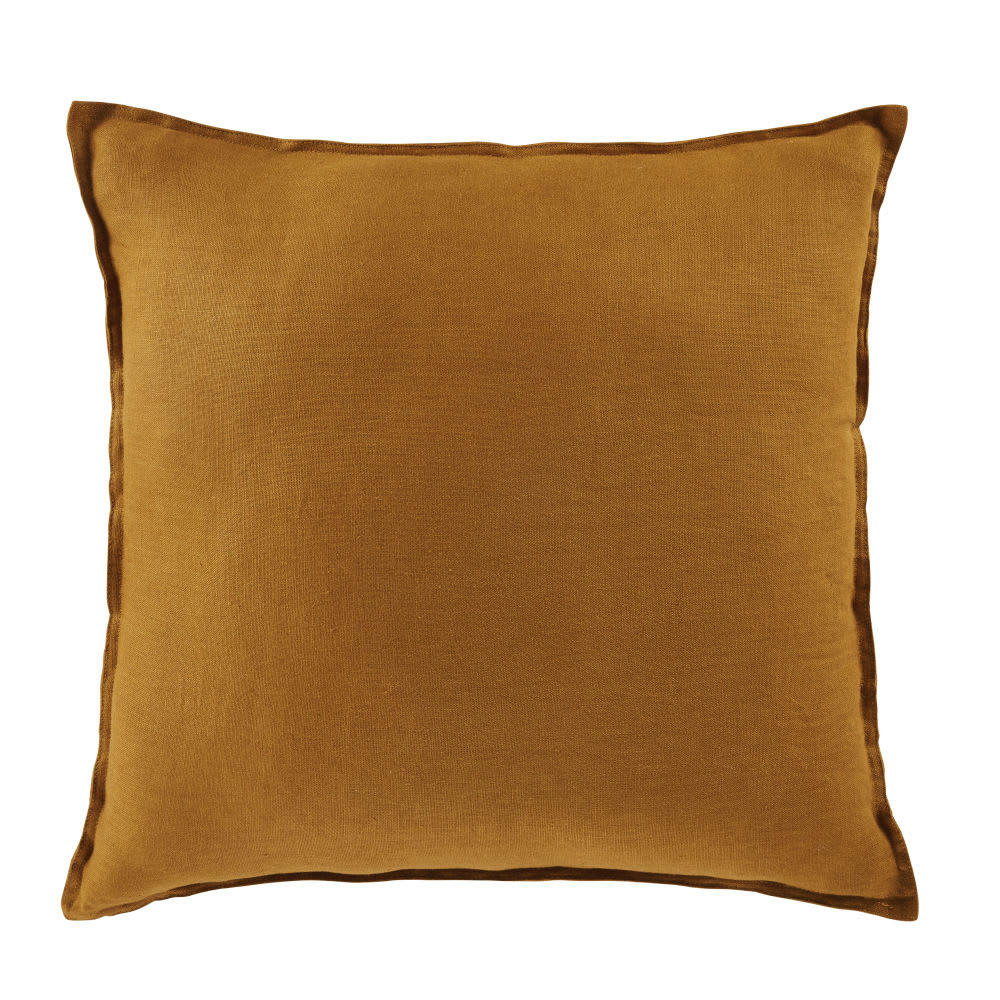 - Coussin en lin lavé jaune moutarde 60x60