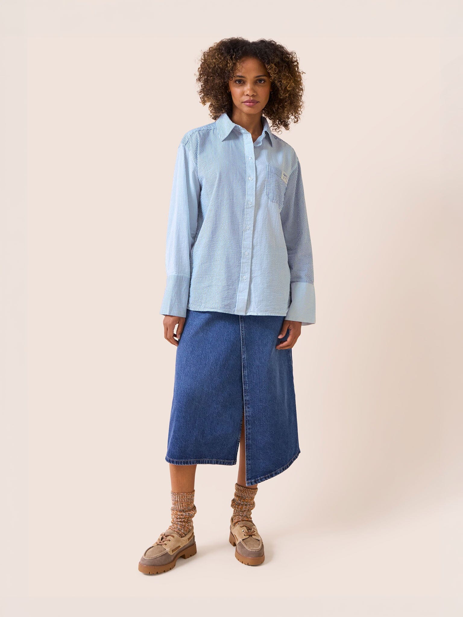 Beaumont Cotton Crinkle Stripe Shirt in Blue