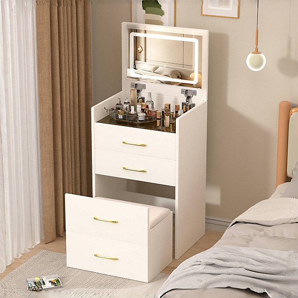 Coiffeuse 60x40x118 cm compacte 3-en-1 avec miroir rabattable, plateau en verre transparent et 3 tiroirs