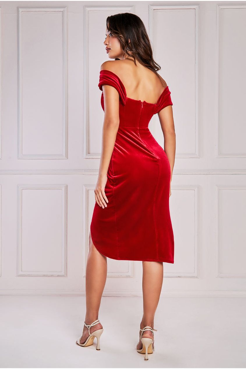 Goddiva Draped Shoulder Velvet Corset Midi