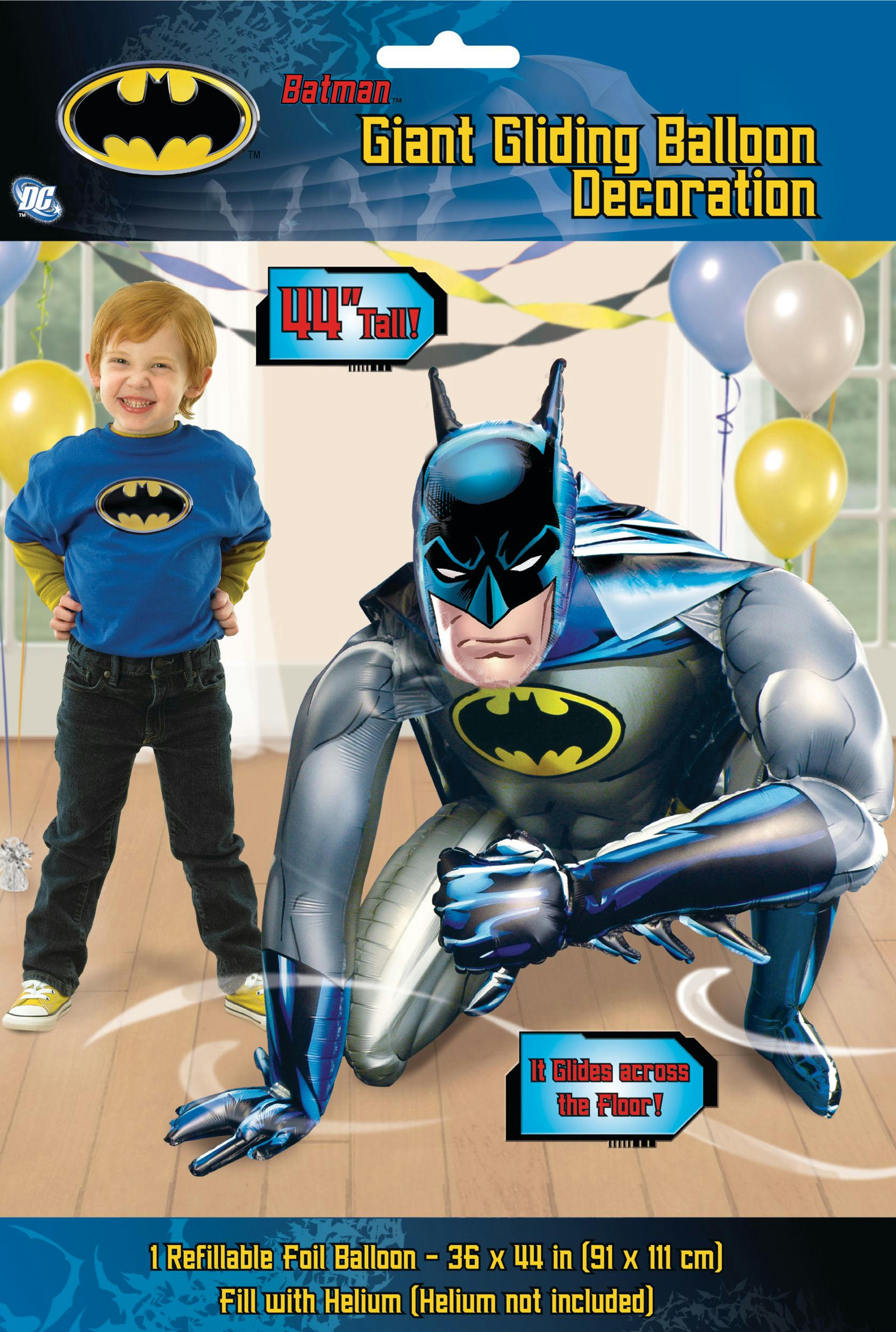 DC Batman Satin Giant Gliding Air-Walker Foil Balloon, Silver/Blue, 44-in, Helium Inflation & Ribbon Included for Birthday Party