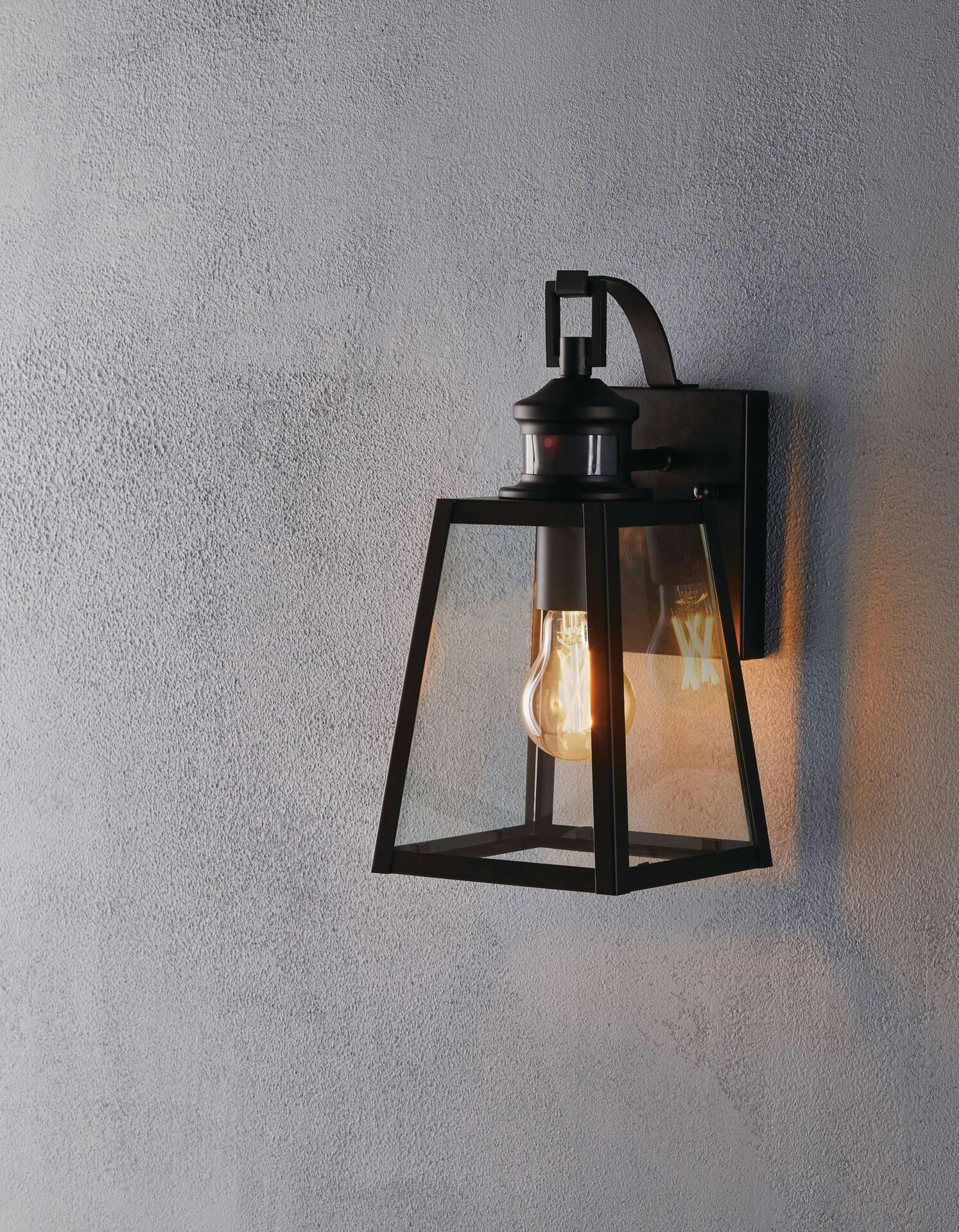 NOMA 1-Light Clear Glass Shade Outdoor Down Wall Light with Passive Infrared Sensor, Matte Black