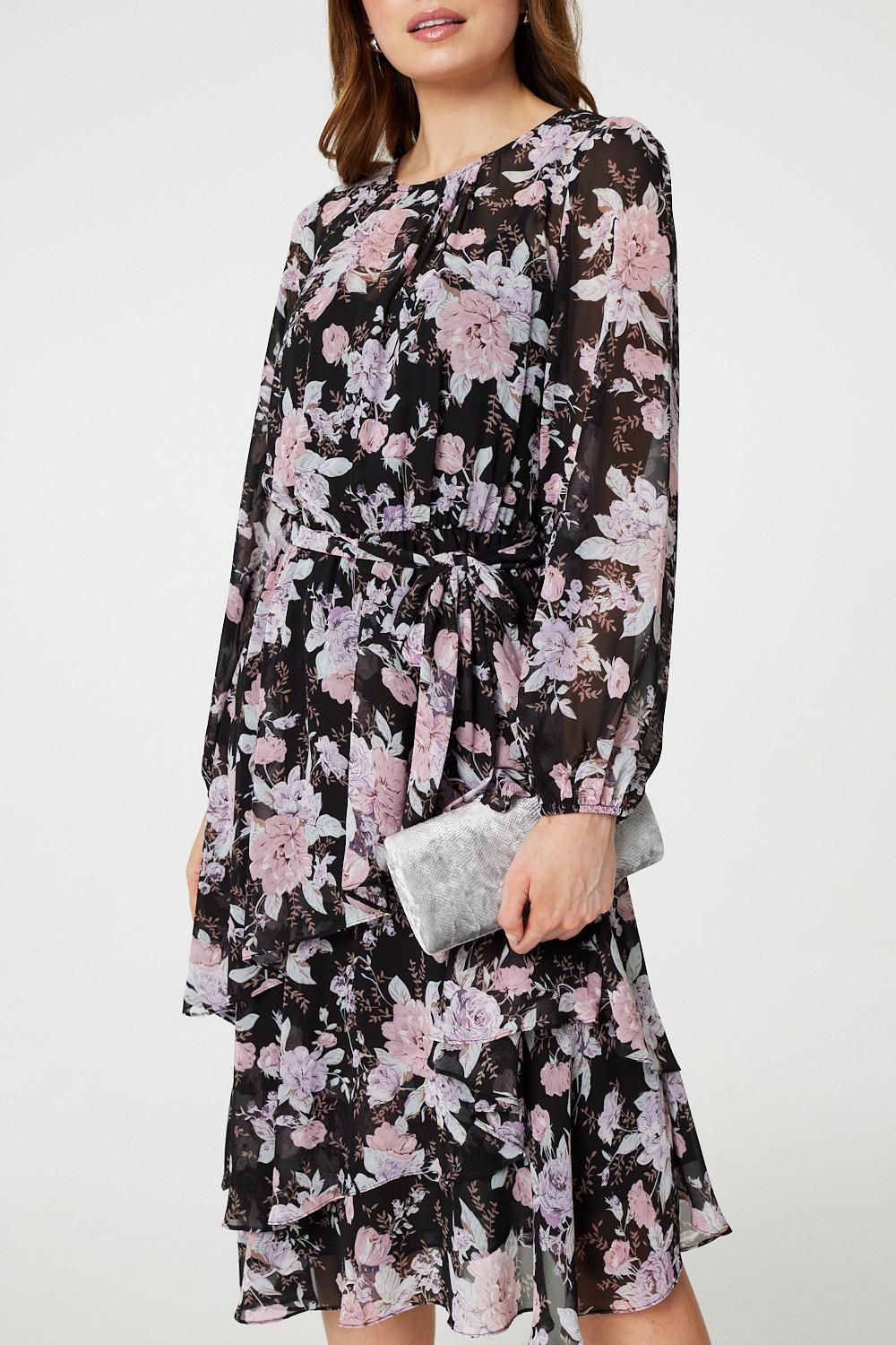 Izabel London Floral Semi Sheer Layered Hem Midi Dress