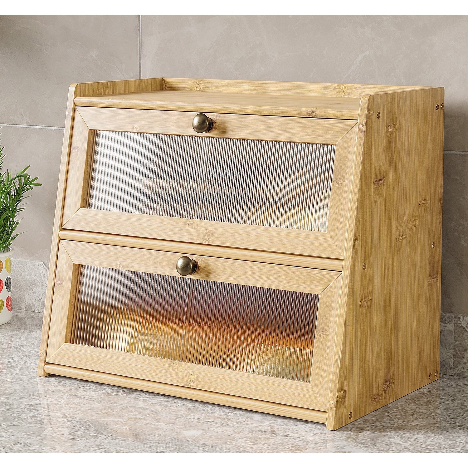 Double Layer Bamboo Bread Box for Kitchen Counter, Large Capacity Bread Storage Bin with Window Bread Holder.
